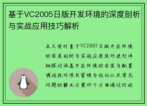 基于VC2005日版开发环境的深度剖析与实战应用技巧解析